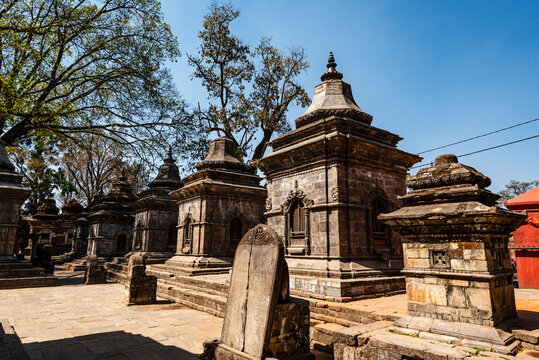 Sunlit row of ancient stone shrines at Pashupatinath Temple lined under tall trees and blue sky