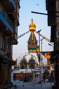 Vertical street-level view of Kathi Swoyambhu Shree Gha Stupa framed by narrow alley walls and dense prayer flags
