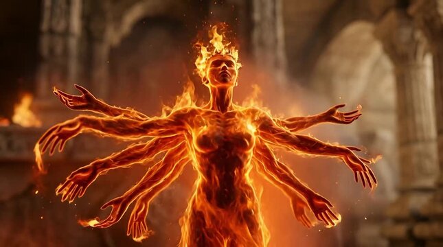 God Agni &ndash; Eternal Flame of War Incandescent Multi-Armed Figure Engulfed in Flames within Ancient Temple Ruins, Evoking Mythical Power