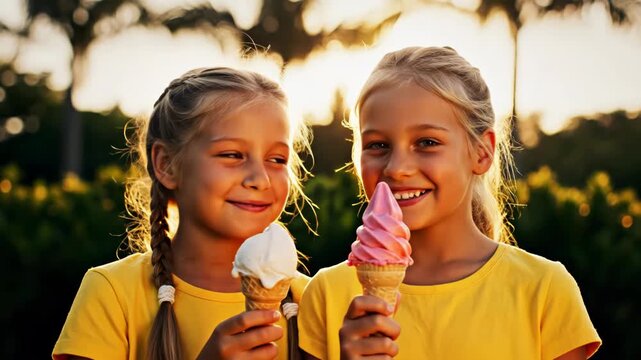Two young girls enjoying ice cream cones together outdoors