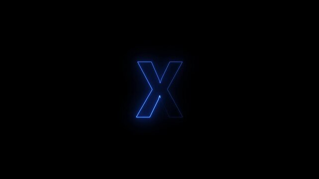 Blue neon letter X glowing on a black background alphabet character