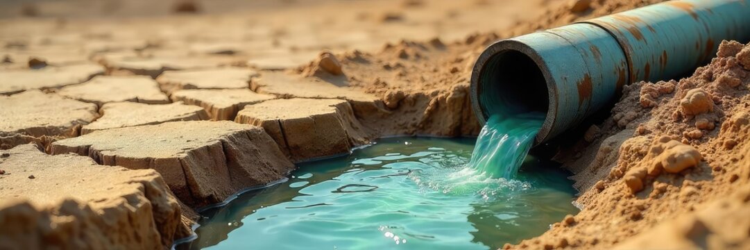A deserted, overflowing drainpipe spewing murky wastewater into a cracked, dry earth landscape; signifying environmental neglect and infrastructure failure ,  deserted,  dry,  decay