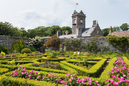 The walled garden with the house in the background, La Seignerie, Sark island, Channel Islands, Bailiwick of Guernsey, United Kingdom