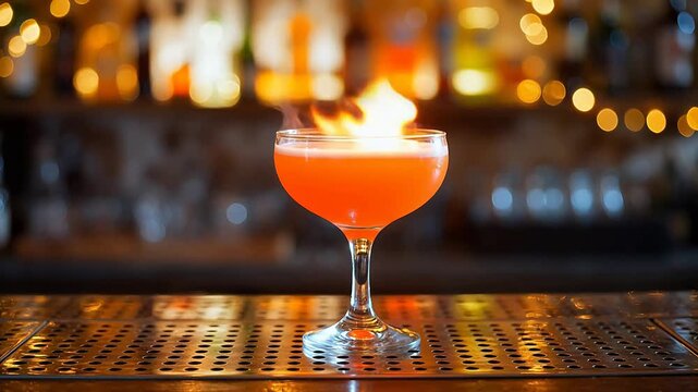 Orange cocktail with flame on bar