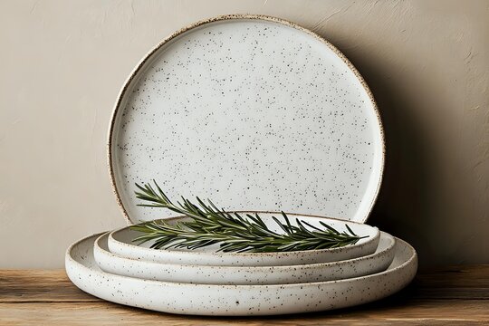Minimalist ceramic dinnerware stack with speckled white glaze and rosemary sprig on wooden surface against neutral background for kitchen styling.