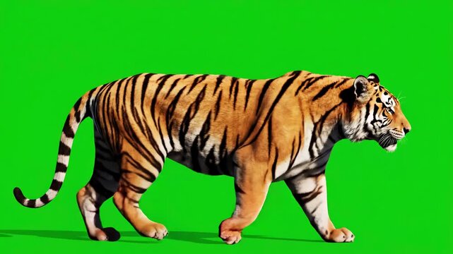 Green Screen tiger slowly walking seamlessly looped on real shot isolated chroma key perfect for digital composition cinema 3d mapping scene 1 with distortion, overlay, glitch, static noise, scan