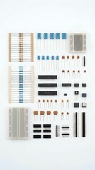 Electronic components kit with resistors, capacitors, breadboards and connectors organized on white background for DIY projects and prototyping.