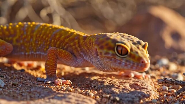 Extreme close up of a leopard gecko head showing detailed scales and eye while crawling on sandy ground.