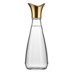 Clear glass carafe filled with pure water, featuring a distinctive glossy golden metallic stopper with an elegant flared design. isolated PNG with Transparent Background
