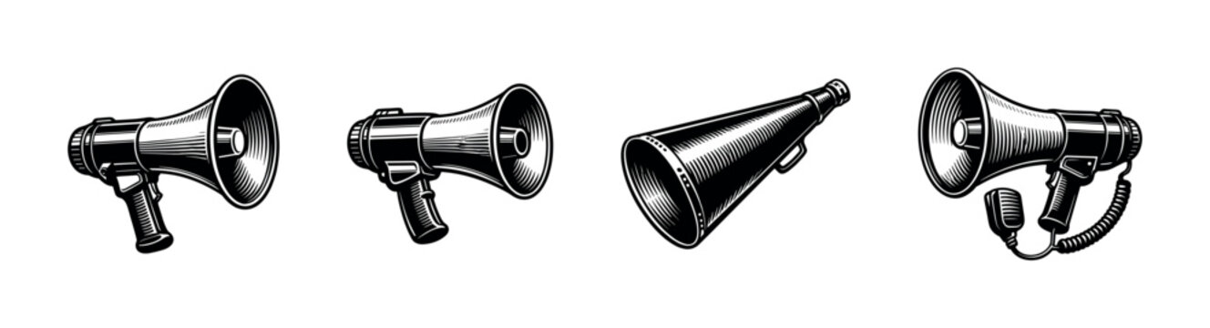 Flat vector icons set for megaphones and loudspeakers. amplify your message with bullhorns