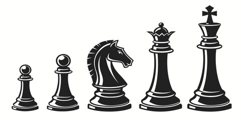 Chess pieces arranged in a row with increasing height and complexity Vector © Akshay