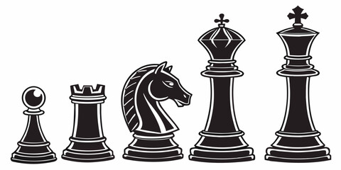 Chess pieces arranged in a row on a chessboard with black and white squares. Vector © Akshay