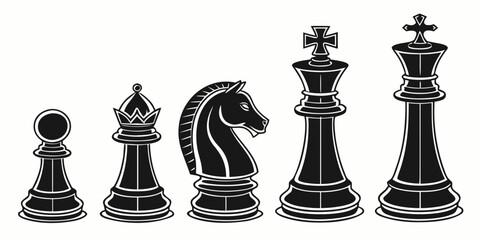Chess pieces arranged in a row with a black king and queen on the right side Vector © Akshay