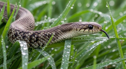 Fototapeta premium Close up of a snake with its tongue flicking out, resting in wet green grass.