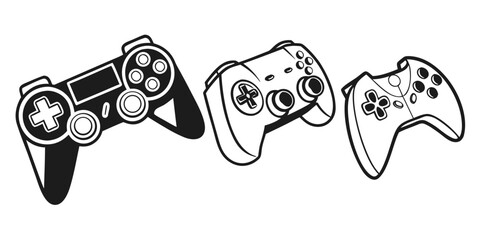 Three different video game controllers displayed in a row. Vector © Akshay