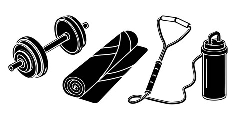 A variety of fitness equipment including dumbbells, a yoga mat, and a jump rope Vector © Akshay