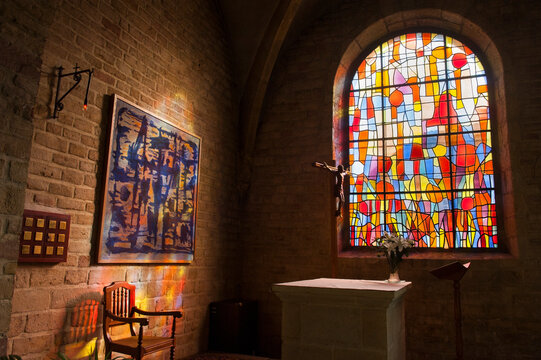 Stained-glass window in St-Benigne Church of Pontarlier designed by the French painter Alfred Manessier, Doubs departement, Franche-Comte region, France