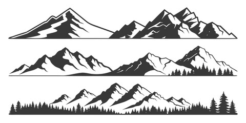 A collection of black and white illustrations depicting various mountain ranges and landscapes Vector