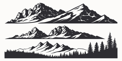 Majestic mountain ranges with varying peaks and tree lines in a black and white illustration Vector