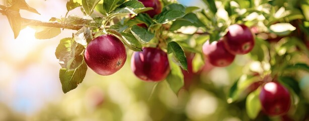 Obraz premium The Apples Hanging on a Sunlit Orchard Branch with Green Leaves