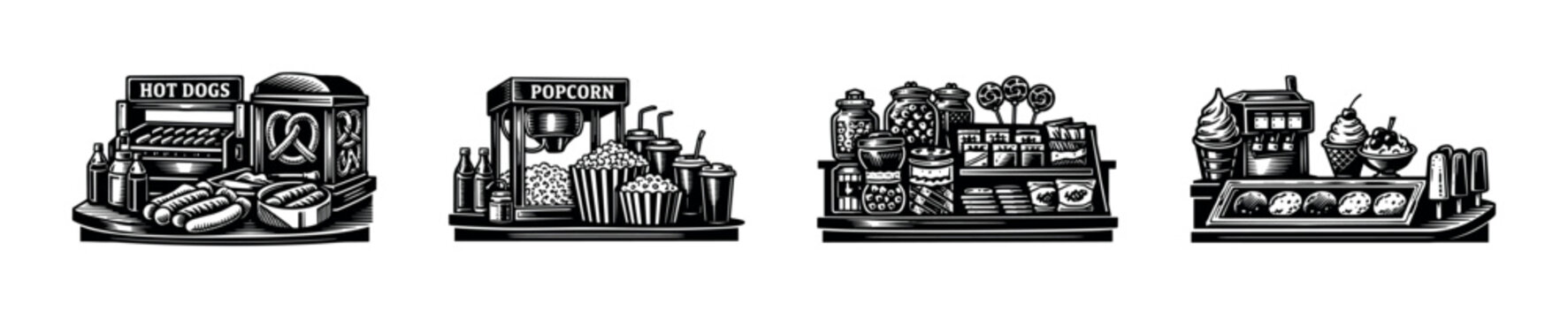 Cinema snack icons set. flat vector icons set of movie treats, concession stand, and theater snacks