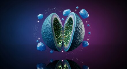 Opened mysterious geode with sparkling green crystals and floating blue rocks