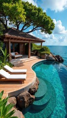 Fototapeta premium A luxurious deck island, complete with built-in seating, sun loungers, and a shaded pergola Perfect for outdoor entertaining and relaxation , relaxation, summer