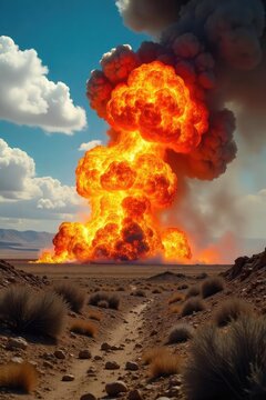 Fiery Explosion Engulfs Desolate Landscape Dramatic Image of Scorched Earth, Billowing Smoke, and Destructive Power