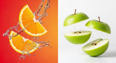 Orange slices splashing water and green apple slices floating