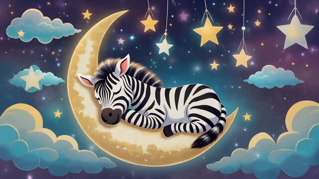 A cartoon-style zebra peacefully sleeping on a crescent moon. Ai