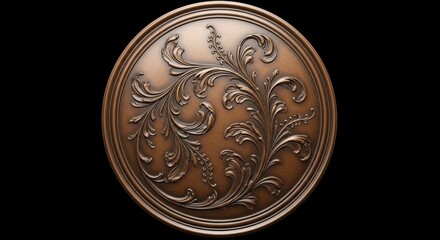 Ornate circular bronze medallion with elegant floral relief on black
