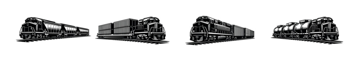 Obraz premium Train flat vector icons set: locomotives, cargo, and transportation symbols collection