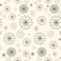Mid century modern starburst seamless pattern with black atomic bursts and dotted shapes, wallpaper, textile design, wrapping paper, packaging, home decor, web backgrounds, print.Vector illustration