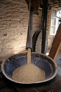 Crushing of buckwheat grains in a traditional mill, Moulin de la Fatigue, Vitre, Ille-et-Vilaine department, Brittany region, France, northwest Europe