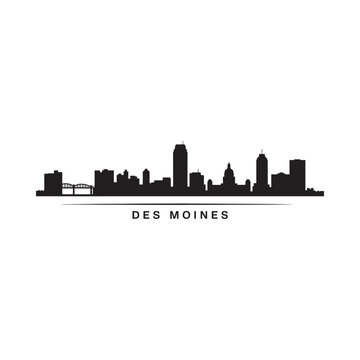 Des moines skyline silhouette against a plain white background is displayed