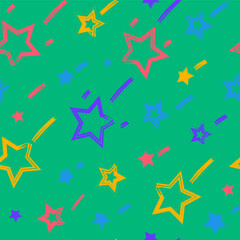 Bright colorful seamless grunge pattern featuring abstract shapes, doodles, scribbles, geometric elements, waves, stars, lines and organic textures