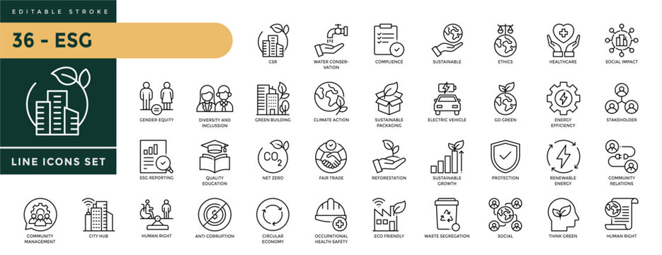 A collection of ESG icons set with editable stroke, including  net zero, circular economy, environmental, social, diversity, carbon footprint, governance. Thin linear vector illustration.