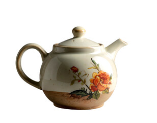 Ceramic teapot with ornate floral design on light background