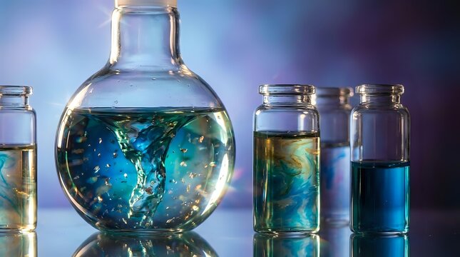 Laboratory glassware with blue chemical solutions in round bottom flask and test tubes for scientific research and experimentation.