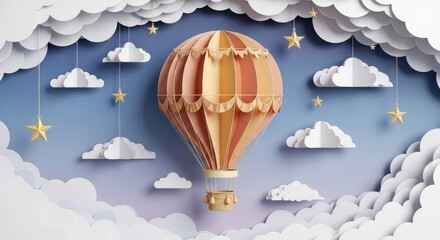 Paper craft hot air balloon with clouds and stars background