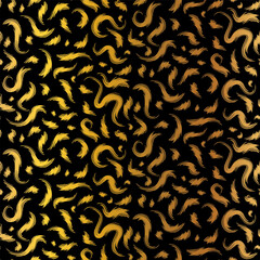 Gold seamless grunge pattern featuring abstract shapes, doodles, scribbles, geometric elements, waves, lines and organic textures