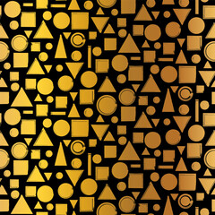 Gold seamless grunge pattern featuring abstract shapes, doodles, scribbles, geometric elements