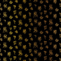 Gold seamless grunge pattern featuring abstract shapes, doodles, scribbles, geometric elements, waves and organic textures