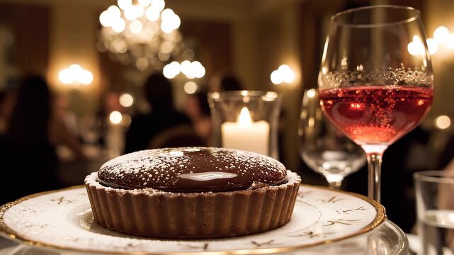 4K video of dessert and wine in a luxurious restaurant setting