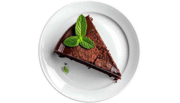 Overhead view of a dark chocolate cake slice with mint garnish on a white plate