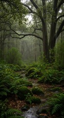 Fototapeta premium Misty Forest with Stream and Trees.