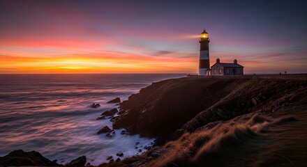 Obraz premium Lighthouse shines at sunset over rugged coastline and ocean