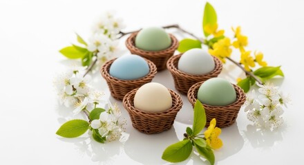 Pastel eggs in baskets with spring flowers on white background