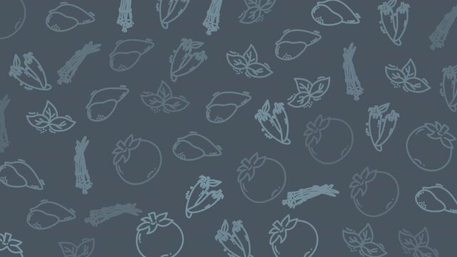 Seamless hand drawn tomato and chili pepper pattern in teal ideal background for food packaging culinary branding menus and cooking videos.