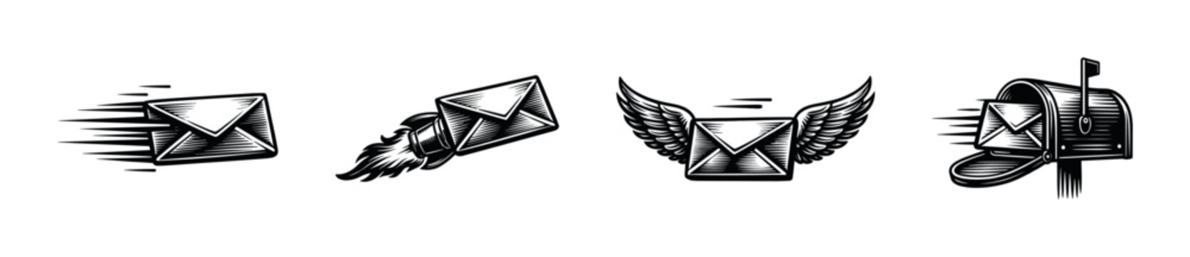 Flat vector icons set: email and mail illustrations with wings and motion